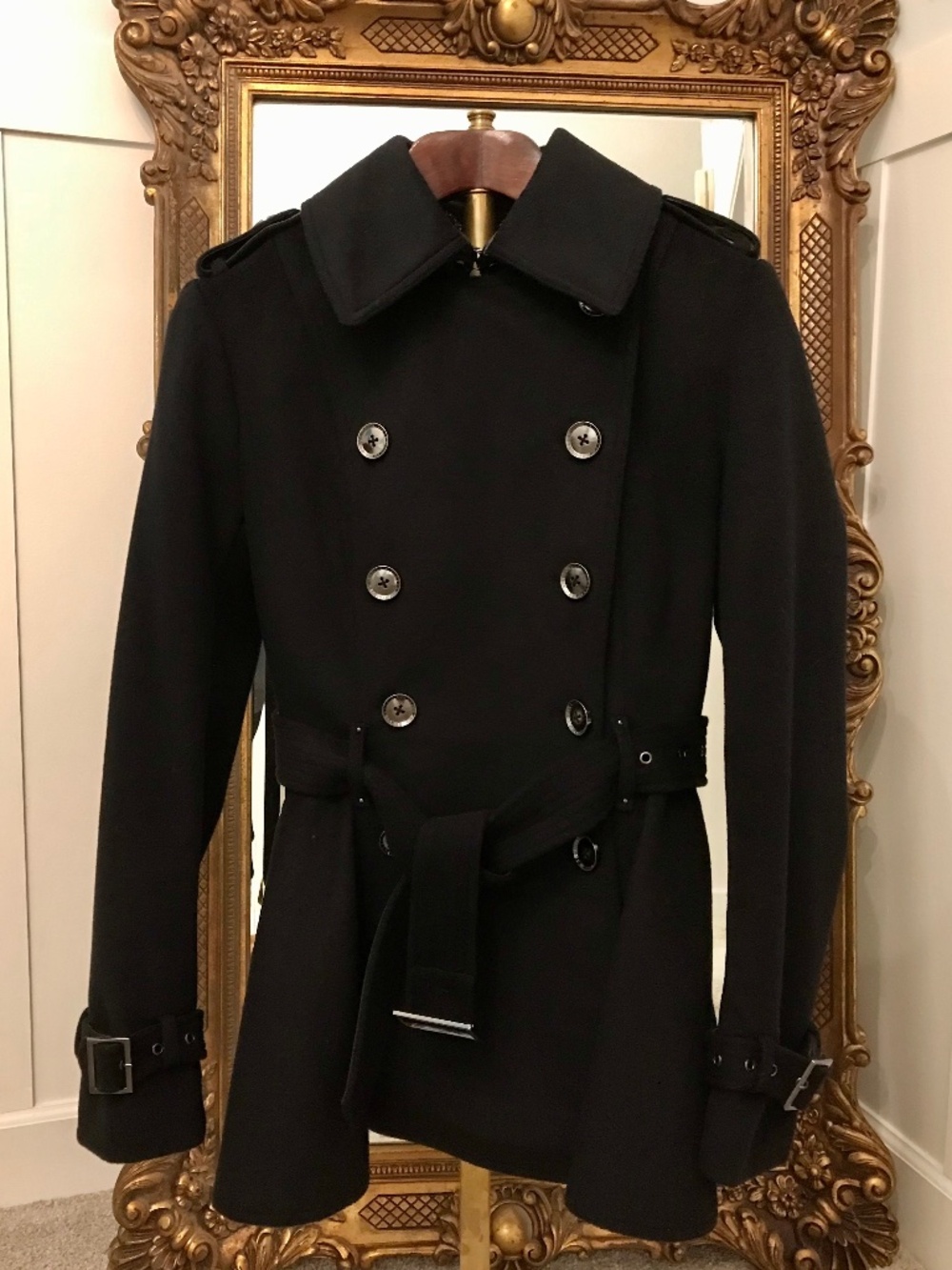 BCBG MAXAZRIA Y2K WOOL BLEND FIT AND FLARE MILITARY CHIC BLACK TRENCH PEACOAT
